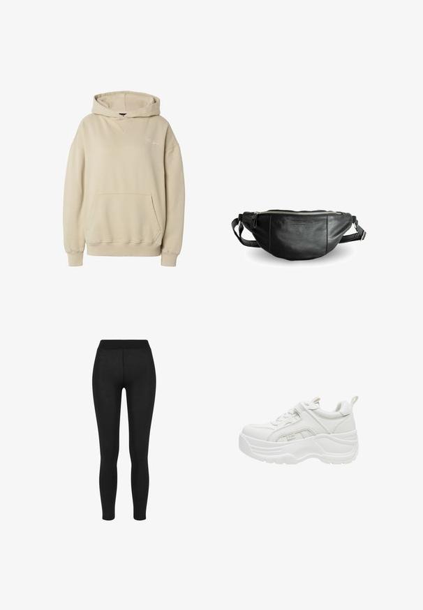Μπεζ φούτερ με κουκούλα, μπροστινή τσέπη καγκουρό, ριμπ μανσέτες και τελείωμα, με διακριτικό κεντητό κείμενο στο αριστερό στήθος.; Μαύρες κολάν με λεία υφή, ψηλή μέση, εφαρμοστή σχεδίαση και χωρίς ορατές ραφές, κατάλληλες για casual ή αθλητική χρήση.; Λευκό chunky sneaker με παχιά σόλα, κορδόνια μπροστά, επενδεδυμένο γιακά και θηλιά στην φτέρνα.; Still Nordic BASIC - Τσαντάκι μέσης - black