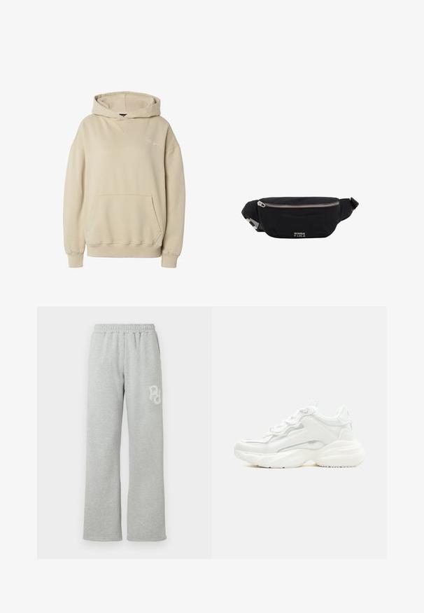 Beige-colourinen huppari, jossa etukangaroo-tasku, resorit hihansuissa ja helmassa sekä hillitty kirjailtu teksti vasemmassa rinnassa.; Harmaan väriset verkkarit, joissa on joustava vyötärö, suora lahjemuotoilu, pehmeä pinta ja pieni valkoinen logo vasemmalla puolella.; Valkoinen paksupohjainen lenkkari, jossa on nyöritys edessä ja sileä synteettinen päällinen hienovaraisilla tikkausyksityiskohdilla.; Musta kangasvyölaukku hopeisella vetoketjulla ja säädettävällä remmillä, etupuolella pieni valkoinen "Bimba y Lola" -logo.