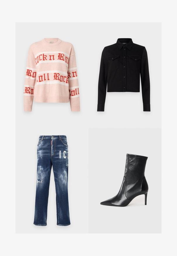 Lichtroze gebreide trui met rode "Rock n Roll" tekst in gotisch lettertype over de borst en mouwen, met geribbelde manchetten en zoom.; Zwarte cropped denim shirt met lange mouwen, puntkraag, sluiting met drukknopen aan de voorkant en twee borstzakken. Bevat contrasterende stikseldetails.; Donkerblauwe denim jeans met verwoeste patches, lichte verfspetters en vetgedrukte witte letters. Straight leg ontwerp met een klassieke pasvorm.; Zwarte enkelboots van soepel leer, met een spitse neus, een aangesloten schacht en een slanke hoge hak. Minimalistisch ontwerp zonder zichtbare hardware.