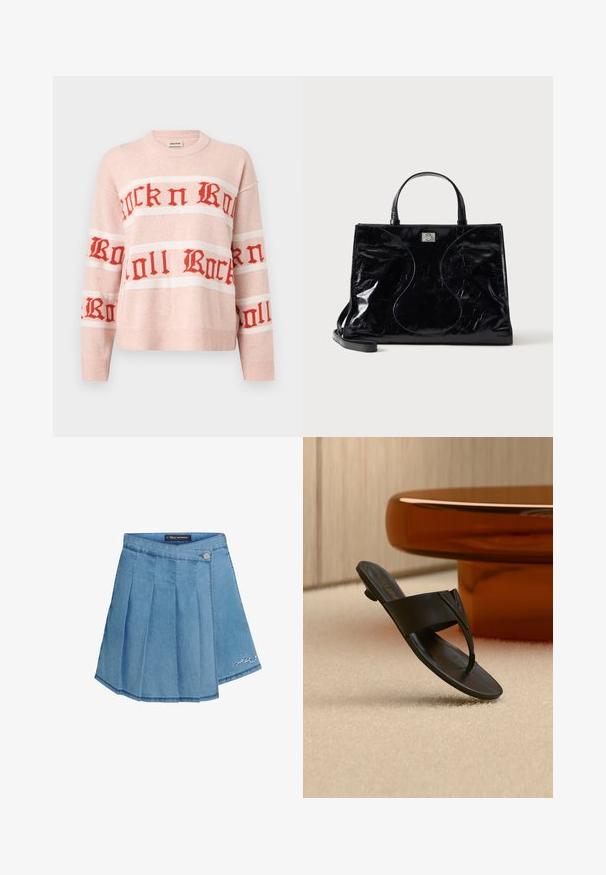 Lichtroze gebreide trui met rode "Rock n Roll" tekst in gotisch lettertype over de borst en mouwen, met geribbelde manchetten en zoom.; Denim rok in lichtblauw met geplooid ontwerp, metalen knoopsluiting en geborduurd detail aan de zoom. Gladde textuur en A-lijn vorm.; Zwarte leren teenslipper met lage hak die zweeft boven een beige tapijt bij een ronde bruine tafel in een minimalistische binnenruimte.; Zwarte glanzende leren handtas met korte handvatten, afneembare schouderriem en subtiele gebogen stiksel details aan de voorkant.
