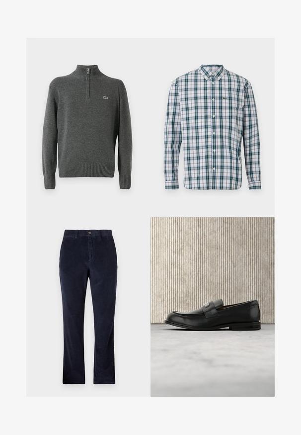 Pull en gris avec demi-zip, poignets et ourlet côtelés, fabriqué en tissu doux. Présente un petit logo vert Lacoste sur la poitrine.; Chemise à manches longues avec boutons, en motif à carreaux verts, bleus et blancs ; dotée d'un col et d'un logo Lacoste sur la poitrine.; Pantalons en corduroy bleu marine avec une coupe droite, dotés d'une fermeture à bouton, de passants de ceinture et d'un tissu à côtes texturé.; Mocassin en cuir noir avec une plaque de marque en métal reposant près d'une table ronde marron sur un sol recouvert de moquette beige.