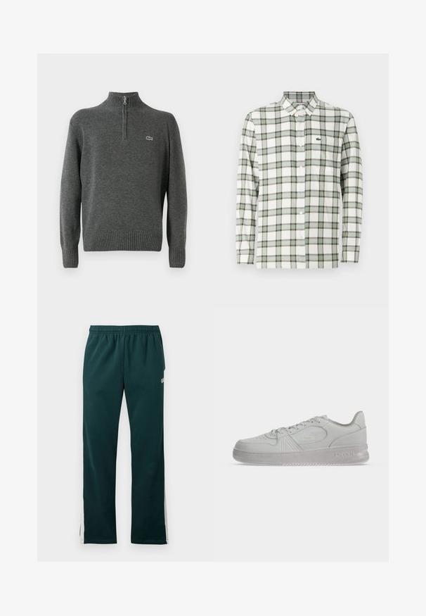 Grå pullover trøje med halv lynlås, ribbenede manchetter og kant, lavet af blødt stof. Har et lille grønt Lacoste-logo på brystet.; Hvid skjorte med grøn og grå tern. Har krave, lange ærmer og et lille broderet logo på brystet.; Mørkegrønne sweatpants med elastisk hænger og hvide striber, der løber ned ad ydersiden af benene.; Hvid lav Lacoste sneaker med snørebånd, præget logo på siden og tekstureret sål på en ensfarvet baggrund.