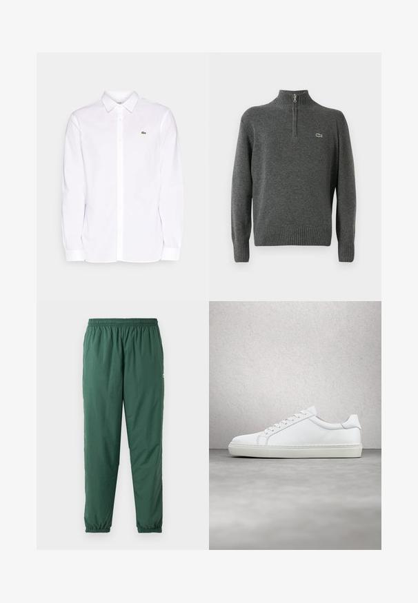 Suéter gris de punto con medio cierre, puños y dobladillo acanalados, hecho de tejido suave. Presenta un pequeño logo verde de Lacoste en el pecho.; Camisa blanca de manga larga hecha de algodón, que presenta un collar tipo button-down, un logo bordado verde en el lado izquierdo del pecho y puños rectos.; Pantalones verdes, ligeros y elásticos con cintura y puños fruncidos, hechos de un material suave y resistente al agua.; Zapatilla blanca con parte superior de cuero liso y perfil bajo. Presenta una puntera redondeada, seis ojales y una suela de goma texturizada.