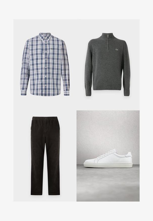 Halliga pullover-sviiter pooltõmblusega, ribatatud varrukate ja äärega, valmistatud pehmest kangast. Rinna peal on väike roheline Lacoste logo.; Sinine ja valge ruuduline pluus, millel on klassikaline krae, pikad varrukad ja rinnal väike tikand.; Mustad puuvillased triibulised püksid sirge jalaga, millel on elastne vöökoht ja üks nupp sulgemiseks. Sile tekstuur, minimaalne disain.; Valge tennisetoss, millel on sile nahk pealis ja madal profiil. Omab ümarat ninaosa, kuut silmust ja tekstuuriga kummist talda.