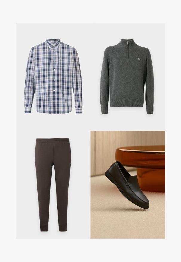 Suéter gris de punto con medio cierre, puños y dobladillo acanalados, hecho de tejido suave. Presenta un pequeño logo verde de Lacoste en el pecho.; Camisa de cuadros en azul y blanco, con un cuello clásico, mangas largas y un pequeño logotipo bordado en el pecho.; Pantalones deportivos marrones oscuros fabricados en un tejido suave. Cuentan con una cinturilla elástica y puños ajustados. Diseño minimalista sin patrones.; Mocasín negro de piel sin cordones exhibido sobre una alfombra beige junto a una mesa de cristal curva color ámbar en una habitación de tonos neutros.