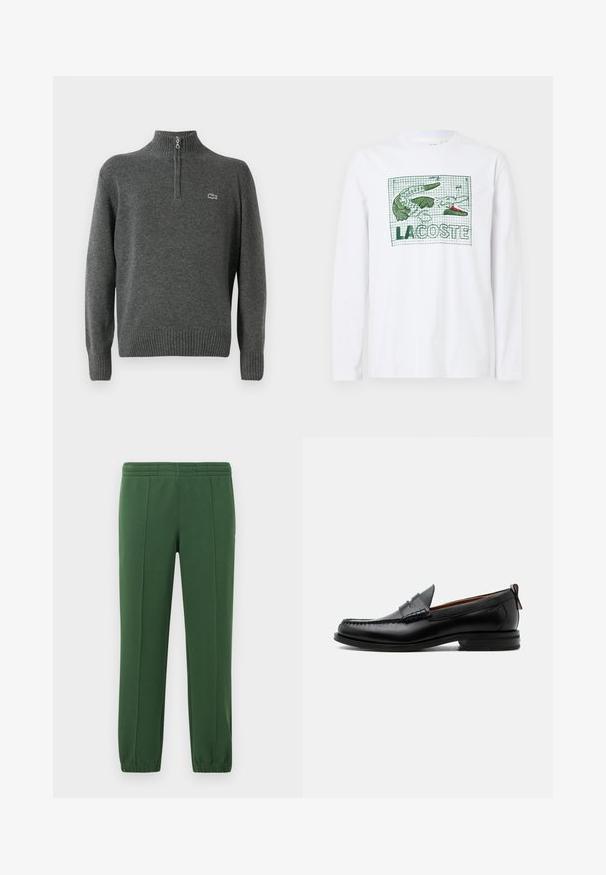 Halliga pullover-sviiter pooltõmblusega, ribatatud varrukate ja äärega, valmistatud pehmest kangast. Rinna peal on väike roheline Lacoste logo.; Valge pika varrukaga T-särk, millel on roheline krokodill ja tekst "LACOSTE," koos ruudulise taustaga. Valmistatud puuvillast, sile tekstuur.; Rohelised dressipüksid pehmest kangast; omaduseks on elastne vöökoht, kitsenevad jalad ja väikene logo külje peal.; Mustast nahast meeste mokasiin, millel on moc varbaõmblus, penny rihm, tekstuuriga krae ja madal virnastatud konts valgel taustal.