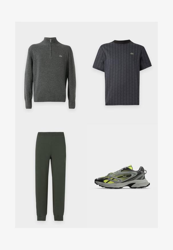 Halliga pullover-sviiter pooltõmblusega, ribatatud varrukate ja äärega, valmistatud pehmest kangast. Rinna peal on väike roheline Lacoste logo.; Must muströi muströi T-särk, millel on geomeetriline muster ja roheline krokodillilogos, ning sellel on kogu musta värvi ümar kaelus.; Rohelised dressipüksid elastse vöö ja sääreotstega, millel on sile tekstuur ning toonitoonis logo vasakul reiel.; Hall ja kollane spordijalats mustade aktsentide ja tekstuurse tallaga, vaadatuna küljelt tavalise heleda tausta peal.