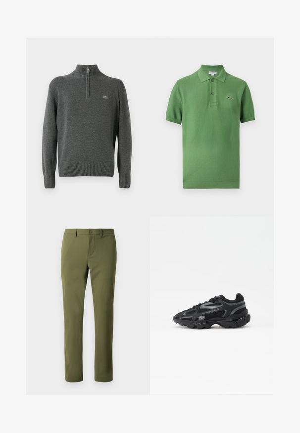 Pull en gris avec demi-zip, poignets et ourlet côtelés, fabriqué en tissu doux. Présente un petit logo vert Lacoste sur la poitrine.; Polo vert à manches courtes avec col, deux boutons et un petit logo crocodile brodé sur la poitrine.; Pantalons verts olive en tissu lisse avec une coupe droite, dotés d'une fermeture à bouton et de passants de ceinture. Pas de motifs ni d'accents visibles.; Baskets de sport noires avec tige en mesh et synthétique. Comprend une semelle texturée, des accents réfléchissants et un talon renforcé.