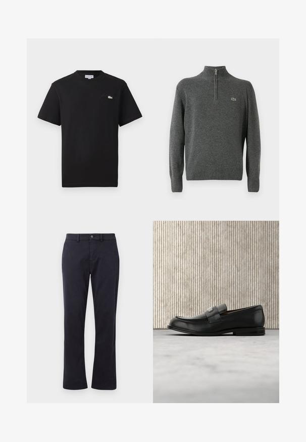 Suéter gris de punto con medio cierre, puños y dobladillo acanalados, hecho de tejido suave. Presenta un pequeño logo verde de Lacoste en el pecho.; Camiseta de algodón negra con cuello redondo. Presenta un pequeño logo de Lacoste bordado en verde y blanco en el pecho. Mangas cortas, corte regular.; Pantalones rectos en navy oscuro con pasadores para cinturón y cierre delantero de botón, mostrados sobre un fondo blanco.; Mocasín de cuero negro con una placa metálica de marca apoyado cerca de una mesa redonda marrón sobre un suelo alfombrado beige.