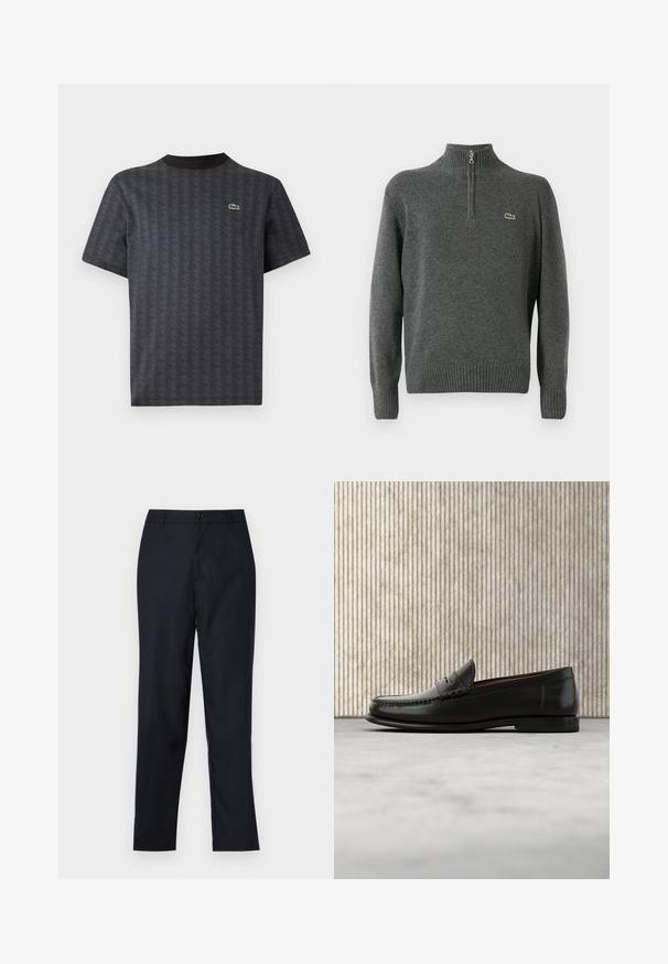 Grå pullover trøje med halv lynlås, ribbenede manchetter og kant, lavet af blødt stof. Har et lille grønt Lacoste-logo på brystet.; Sort kortærmet t-shirt med et geometrisk mønster og et grønt krokodille-logo, med en ensfarvet sort rund hals.; Marineblå bukser lavet af glat stof, med lige ben design, en enkelt knaplukning og subtile forfald i fronten.; Sort læder penny loafer med lav hæl, rundet tå og syningsdetaljer langs fronten og siderne, vist på neutral baggrund.