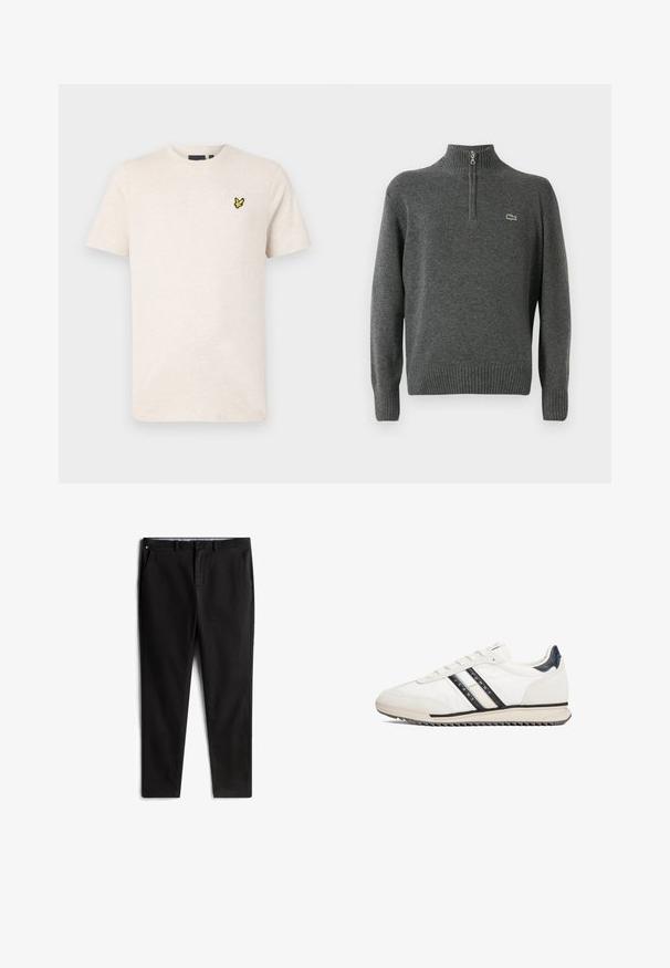 Grå pullover trøje med halv lynlås, ribbenede manchetter og kant, lavet af blødt stof. Har et lille grønt Lacoste-logo på brystet.; Beige kortærmet t-shirt med rund halsudskæring og lille gul fuglelogo på venstre bryst, vist på en ensfarvet baggrund.; Sorte chinos lavet af en bomuldsblanding, med en lige pasform, forlommer og en diskret logo-detalje på taljen.; Hvid atletisk sko med sorte og cremefarvede striber, glat læderoverdel, gummisål og tekstureret hælaccent. Snørebånd og logo på siden.