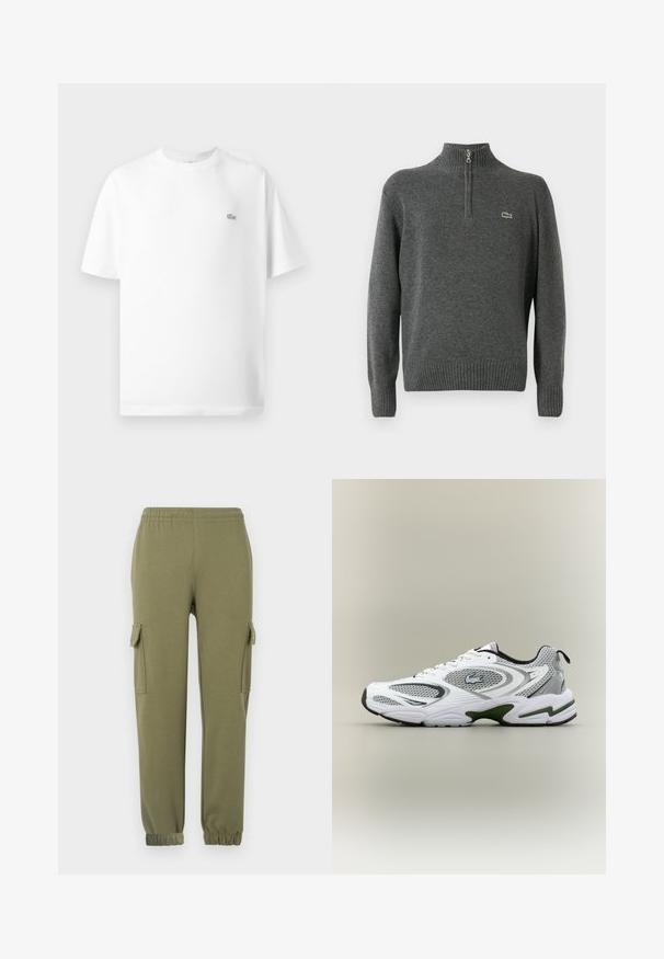 Grå pullover trøje med halv lynlås, ribbenede manchetter og kant, lavet af blødt stof. Har et lille grønt Lacoste-logo på brystet.; Hvid bomulds t-shirt med rund hals og korte ærmer. Har et lille sort Lacoste-logo på venstre side af brystet.; Cargo bukser i olivengrønt letvægtsstof, med sidelommer, elastisk talje og taperede manchetter for en tætsiddende pasform.; Hvid og grå sporty løbesko med mesh-paneler, grønne detaljer, sorte elementer og et logo på siden, vist fra ydersiden.