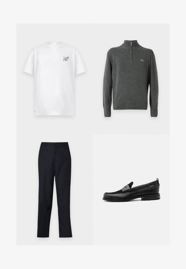 Šedý pulóver s polovičným zipsom, rebrovanými manžetami a spodným lemom, vyrobený z jemnej tkaniny. Na hrudi sa nachádza malé zelené logo Lacoste.; Biela bavlnená tričko s kulatým výstrihom a krátkymi rukávmi. Na ľavej strane hrudníka sa nachádza zelené logo "Lacoste Paris". Mäkka textúra.; Námořnické modré nohavice vyrobené z hladkého materiálu, s rovnými nohavicami, zapínaním na jeden gombík a jemnými záhybmi vpredu.; Čierny kožený mokasín so sivým remienkom, nízkym podpätkom a textúrovanou podrážkou, so značkou "HUGO" v zlatej farbe na boku.