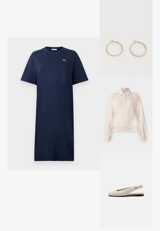 Sudadera de polo de un suave color rosa pálido con un cuello tipo polo, tapeta de tres botones y logotipo de la marca en relieve en el pecho. Tejido suave, corte holgado.; Vestido de algodón azul marino con mangas cortas, cuello redondo y un pequeño logo verde en el pecho. Diseño recto, a la altura de la rodilla.; Zapato plano slingback de cuero color crema con puntera redondeada y pequeño emblema dorado en la correa.; Par de pendientes de aro de tamaño mediano con tono dorado y cierre de bisagra sobre un fondo claro y liso.