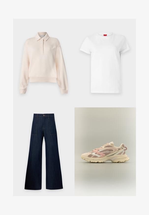 Lyserød polo sweatshirt med kravehals, tre-knaps lukning og præget brandlogo på brystet. Blødt stof, afslappet pasform.; Hvid kortærmet t-shirt lavet af letvægts bomuld. Har en rund halsudskæring og rullede ærmer. Rød logoetiket på kraven.; Mørkeblå vidde jeans lavet af denim, med to forlommer, synlige sømme og en knaplukning i taljen.; Løbesko med pink, beige og cremet mesh samt syntetiske overlays, kraftig sål og tekstureret ydersål for greb, set fra siden.