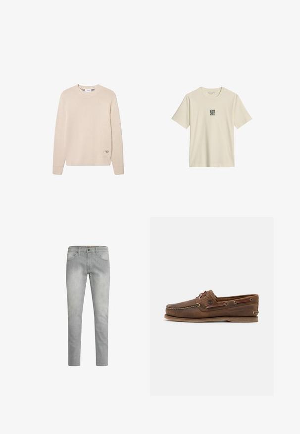 Beige strikket sweater med rund hals, ribbede manchetter og kant, der har diskret logo brodering nederst til venstre. Blød tekstur.; Beige T-shirt med korte ærmer, rund hals og lille centralt placeret firkantet logo med bogstaverne "M O P".; Lys grå jeans med lige ben, subtilt slid, forlommer og en klassisk knaplukning i taljen.; Brune læder båd sko med beige syninger, rund tå og snøre detaljer. Flad gummisål og sideøjer til ventilation.
