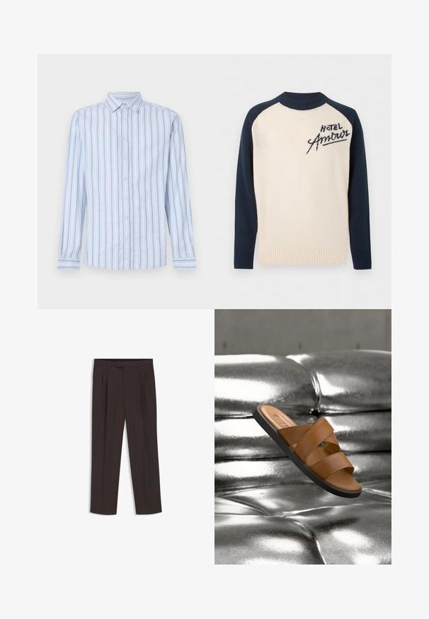 Cremefarbener Pullover mit marineblauen Ärmeln und Kragen, mit schwarzem Text "Hotel Amour" auf der oberen linken Brust.; Helles blaues Langarmhemd mit weißen und marineblauen vertikalen Streifen, Button-Down-Kragen und vorderem Knopfverschluss. Knackige Stofftextur.; Dunkelbraune, maßgeschneiderte Hose mit Gürtelschlaufen, vorderen Falten und geradem Bein, flach auf weißem Hintergrund präsentiert.; Braune Ledersandale mit zwei breiten Riemen und schwarzer Sohle, die über einer glänzenden, metallisch silbernen, gesteppte Oberfläche schwebt.
