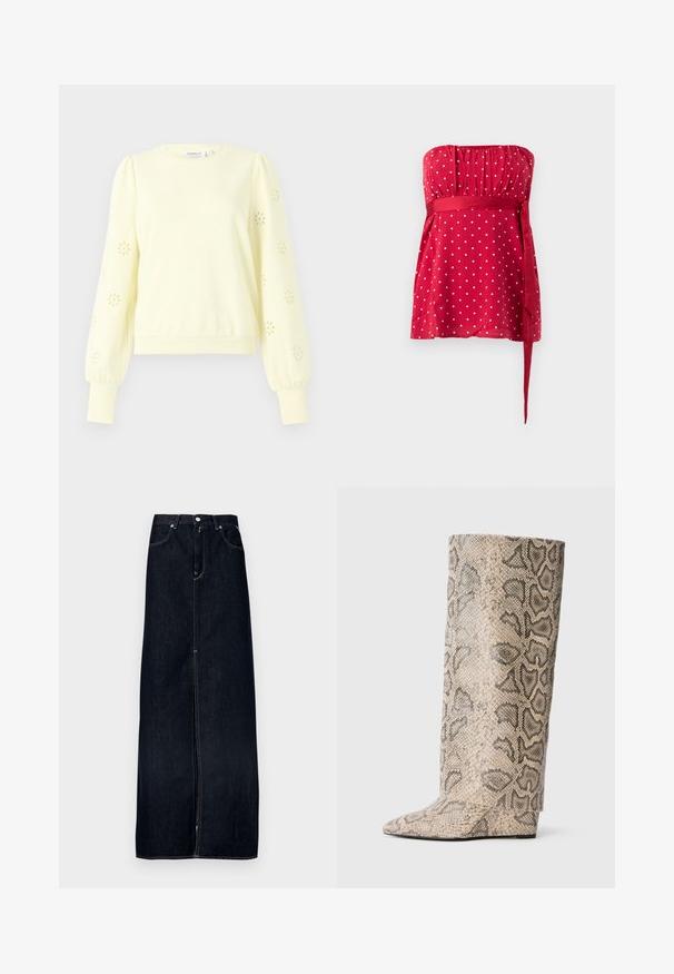 Lysegul sweatshirt med rund halsudskæring, puffede ærmer, øjenlåg med blomsterudskæring og ribbede manchetter og kant. Blød stoftekstur.; Rød stropløs top med hvide polkaprikker, rynket liv og et bundet bånd, der snøres ind i taljen. Glat stof med et flydende design.; Mørk denim maxinederdel med lige snit, forsynet med lynlås foran, fem-lomme-design og lyse syningsdetaljer.; Høje støvler med spids tå i et beige og sort slangeprint mønster. Lavet af tekstureret syntetisk materiale med en slank, glat finish.