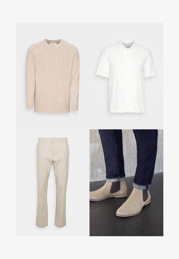 Lys beige strikket sweater med rund hals, lange ærmer og ribbede manchetter; har en struktureret stofoverflade og et simpelt design.; Kortærmet hvid skjorte med et tekstureret mønster, spidse krave og lukning med knapper foran. Lavet af letvægtsstof.; Beige linnedragt med lige ben, frontlommer og en glat tekstur. Minimalistisk design; ingen synlige mønstre eller hardware.; Lyse beige ruskind Chelsea-støvler med mørke elastiske sidepaneler, båret med mørke op rullede denimjeans på sort plettet gulv.