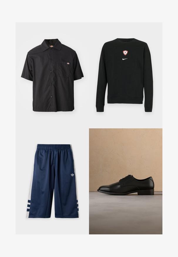 Sort sweatshirt i bomuldsblanding med et centralt rødt og hvidt Jordan-logo i form af et skjold og et hvidt Nike-logo nedenunder. Rund hals og lange ærmer.; Sort kortærmet skjorte med knapper lavet af bomuld, med en enkelt brystlomme og logoetiket. Glat tekstur og afslappet pasform.; Mørkeblå atletikshorts med elastisk talje, hvide netpaneler i siderne, tre mørkeblå striber og et lille hvidt Adidas-logo på venstre ben.; Sort lædersko svæver over beige vævet tæppe, med rundt træ sofabord og stablede bøger i blød fokus i baggrunden.