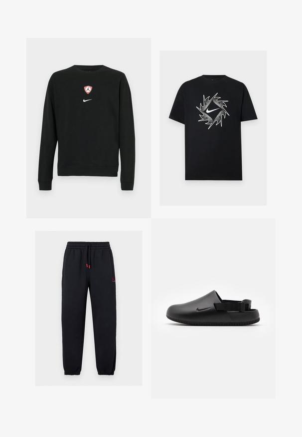 Zwarte sweatshirt van een katoenmix, met een centraal rood-wit Jordan-logo in de vorm van een schild en een wit Nike-logo eronder. Ronde hals en lange mouwen.; Zwart T-shirt met korte mouwen met een witte Nike-swoosh in het midden, omgeven door een dynamisch stekelig cirkelontwerp.; Zwarte joggerbroek met elastische tailleband en boorden, rode koorduiteinden, en klein rood Jumpman-logo op de bovenste linker dij.; Zwarte gemoldeerde klompen met een gladde textuur, een achterband voor stabiliteit en een geribbelde zool voor grip. Bevat een klein logo aan de zijkant.