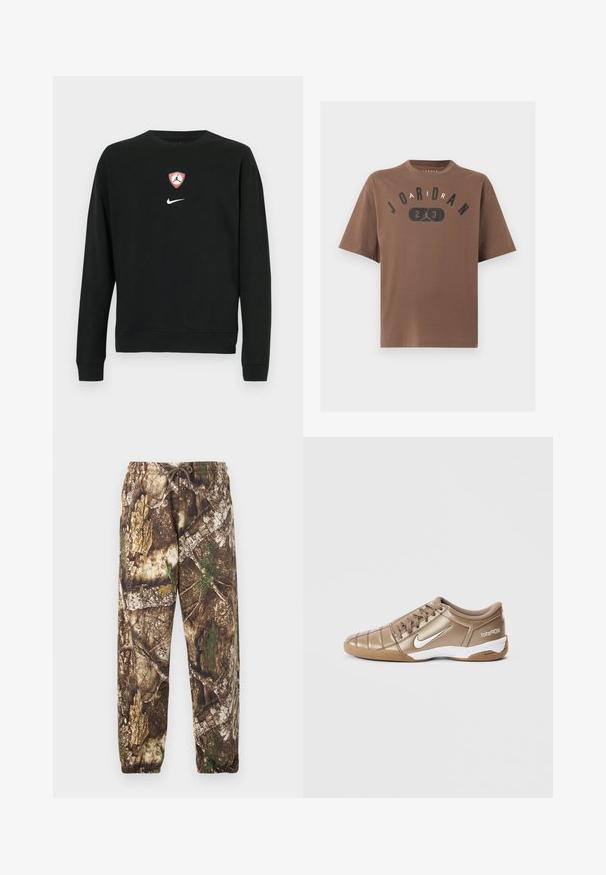 Sort sweatshirt i bomuldsblanding med et centralt rødt og hvidt Jordan-logo i form af et skjold og et hvidt Nike-logo nedenunder. Rund hals og lange ærmer.; Brun T-shirt med korte ærmer med teksten "JORDAN" og tallet "23" med en silhuet af en basketballspiller, der hopper, midt på fronten.; Camo sweatpants med et brunt og grønt naturligt mønster, der har en elastisk talje med snore og elastiske manchetter ved anklerne.; Nike Total 90 III fodboldstøvler i metallisk guld med en hvid swoosh, der har en glat tekstur, snørelukning og en gummisål.