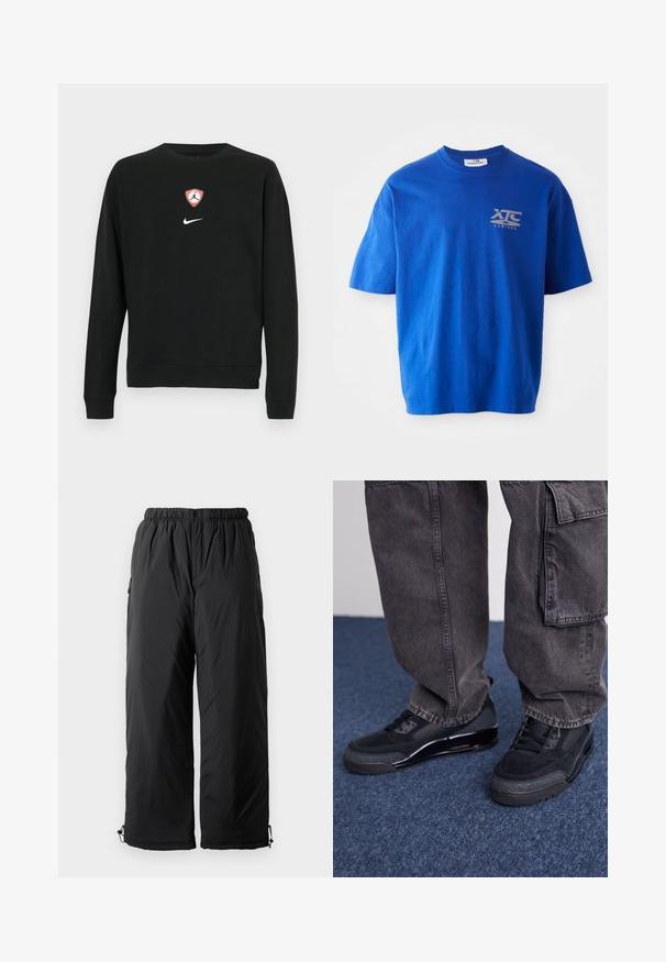 Zwarte sweatshirt van een katoenmix, met een centraal rood-wit Jordan-logo in de vorm van een schild en een wit Nike-logo eronder. Ronde hals en lange mouwen.; Blauwe katoenen T-shirt met korte mouwen, voorzien van een grijs logo op de bovenste linkerborst, ronde hals en een relaxte fit.; Zwarte geïsoleerde broek met elastische tailleband, voorzien van zijzakken en verstelbare boorden. Glad stof met een iets glanzende afwerking.; Zwarte sportieve schoenen met een gestructureerd oppervlak, gladde accenten en een chunky zool, gecombineerd met donkere, loszittende cargo pants.