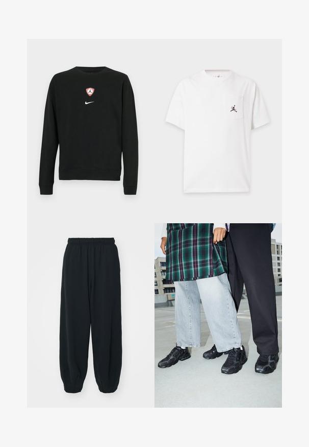 Schwarzer Pullover aus Baumwollmischung, mit einem zentralen roten und weißen Jordan-Logo-Schild und einem weißen Nike-Logo darunter. Rundhalsausschnitt und lange Ärmel.; Weißes T-Shirt mit kurzen Ärmeln, Rundhalsausschnitt und kleinem schwarzem und rotem Logo auf der linken Brusttasche vor neutralem Hintergrund.; Schwarze Sweatpants mit elastischem Bund, lockerer Passform, gerippten Beinabschlüssen, glatter Textur und ohne sichtbare Muster oder Hardware-Akzente.; Schwarze Sportschuhe mit Mesh- und Gummielementen. Kombiniert mit hellgrauen weiten Jeans und einem karierten grünen Oberteil. Flacher Hintergrund.