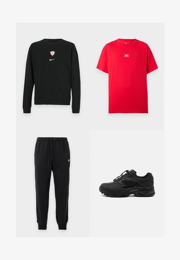 Sort sweatshirt i bomuldsblanding med et centralt rødt og hvidt Jordan-logo i form af et skjold og et hvidt Nike-logo nedenunder. Rund hals og lange ærmer.; Rød t-shirt med korte ærmer og rund hals med en lille hvid grafik af en amor midt på brystet.; Sorte svedbukser lavet af blødt stof med elastisk talje, justerbar snøre og et lille pink Nike-logo på venstre side.; Sort atletisk sneaker med tekstureret stof, tyk polstret sål, luftventiler og snørelukning, vist fra siden på en lys baggrund.