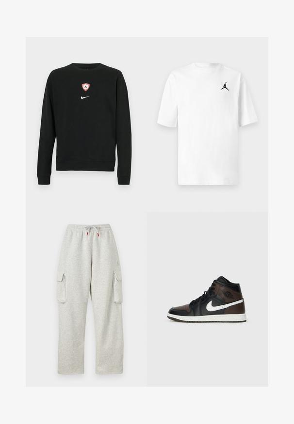 Zwarte sweatshirt van een katoenmix, met een centraal rood-wit Jordan-logo in de vorm van een schild en een wit Nike-logo eronder. Ronde hals en lange mouwen.; Wit katoenen T-shirt met een ronde hals en korte mouwen. Het heeft een klein zwart Jordan-logo op het linkerborstgebied.; Lichtgrijze joggingbroek met elastische tailleband, trekkoord met rode uiteinden en grote klepzakken op beide dijen.; Zwarte en bruine hoge sneakers met leren bovenwerk, witte swoosh-logo, geperforeerde neus en rubberen zool. Beschikt over zwarte veters en kraag.