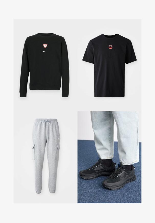 Sudadera negra en mezcla de algodón, con un escudo central del logo Jordan en rojo y blanco y un logo de Nike en blanco debajo. Cuello redondo y mangas largas.; Camiseta negra de mangas cortas hecha de algodón, con un logo hexagonal de Nike en rojo y blanco en el pecho y un escote redondeado.; Pantalones de chándal grises hechos de una tela suave, con una cinturilla elástica con cordón, dos bolsillos laterales y puños ajustados.; Zapatillas deportivas negras con tejido texturizado y suelas de goma, con cordones elásticos y un acento azul en el talón. Combinadas con pantalones de mezclilla claros.