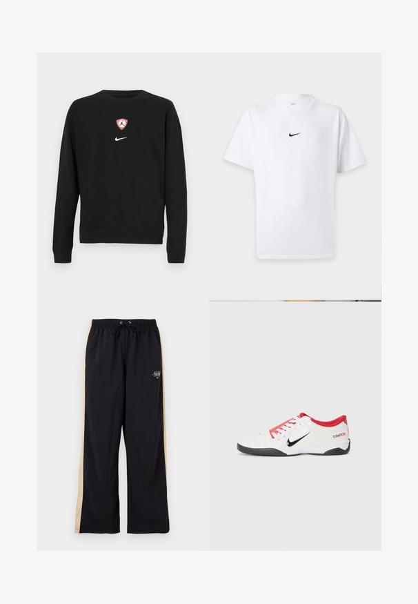 Schwarzer Pullover aus Baumwollmischung, mit einem zentralen roten und weißen Jordan-Logo-Schild und einem weißen Nike-Logo darunter. Rundhalsausschnitt und lange Ärmel.; Weißes T-Shirt mit kurzen Ärmeln und schwarzem Nike-Swoosh-Logo in der Mitte der Brust sowie einem schlichten, runden Halsausschnitt.; Schwarze Nike Trainingshose mit beigen Seitenstreifen, elastischem Bund, Kordelzug und kleinem weißem Logo am oberen linken Bein.; Weißer Sportschuh mit roten Akzenten, schwarzem Swoosh-Logo und strukturiertem Design. Mit weißen Schnürsenkeln und schwarzem Außensohle. Text lautet "total90."