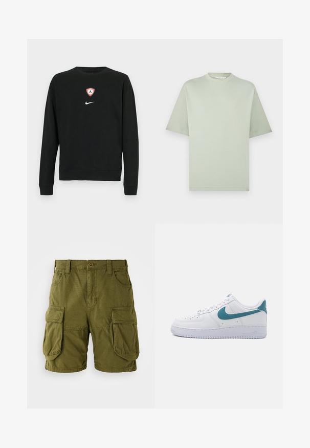 Sudadera negra en mezcla de algodón, con un escudo central del logo Jordan en rojo y blanco y un logo de Nike en blanco debajo. Cuello redondo y mangas largas.; Camiseta de manga corta de cuello redondo de color verde claro con un ajuste holgado sobre un fondo blanco.; Pantalones cortos cargo color verde oliva, confeccionados en una mezcla de algodón. Cuentan con dos grandes bolsillos laterales y un cierre de botón con trabillas para cinturón. Textura suave.; Nike Sportswear AIR FORCE 1 '07 LOW ESSENTIAL - Zapatillas - white/smokey blue