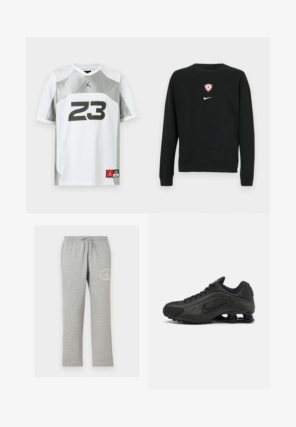 Μαύρο φούτερ από βαμβακερό μείγμα, με κεντρική κόκκινη και λευκή ασπίδα με το λογότυπο Jordan και λευκό λογότυπο Nike από κάτω. Στρογγυλή λαιμόκοψη και μακριά μανίκια.; Άσπρη και γκρι αθλητική φανέλα με κοντά μανίκια, μαύρο αριθμό 23 και μικρά κόκκινα και μαύρα σήματα με το λογότυπο Jumpman.; Γκρι φόρμα με ελαστική μέση και κορδόνι, με μικρό λευκό κυκλικό λογότυπο στο πάνω αριστερό μηρό.; Μαύρα αθλητικά παπούτσια με λείο συνθετικό άνω μέρος, διάτρητες λεπτομέρειες, υφή στις πλευρές και ξεχωριστή ελαστική σόλα.
