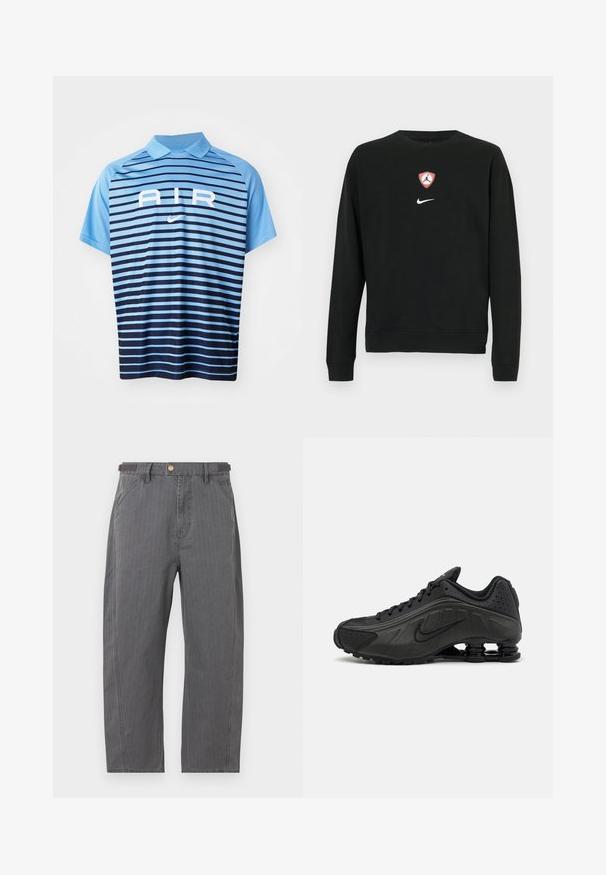 Schwarzer Pullover aus Baumwollmischung, mit einem zentralen roten und weißen Jordan-Logo-Schild und einem weißen Nike-Logo darunter. Rundhalsausschnitt und lange Ärmel.; Nike Poloshirt in Hellblau mit horizontalen Streifen, die von Dunkelblau zu Hellblau übergehen. Verfügt über einen Kragen und ein weißes "AIR"-Logo.; Graue Hose mit geradem Bein, vorderen Taschen, Gürtelschlaufen und einem Messing-Knopfverschluss, dargestellt vor weißem Hintergrund.; Schwarze Laufschuhe mit einem glatten synthetischen Obermaterial, durchbrochenen Akzenten, strukturierten Seitenpaneelen und einer ausgeprägten federnden Sohle.