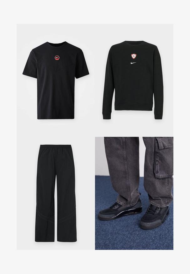 Sort sweatshirt i bomuldsblanding med et centralt rødt og hvidt Jordan-logo i form af et skjold og et hvidt Nike-logo nedenunder. Rund hals og lange ærmer.; Sort kortærmet T-shirt i bomuld med et sekskantet rødt og hvidt Nike-logo på brystet og en rund halsudskæring.; Sorte bukser med vide ben lavet af letvægtsstof med elastisk talje og diskret buet syningsdetalje ved kanten.; Sorte sportsko med en struktureret overflade, glatte detaljer og en kraftig sål, der er parret med mørke, løstsiddende cargo-bukser.