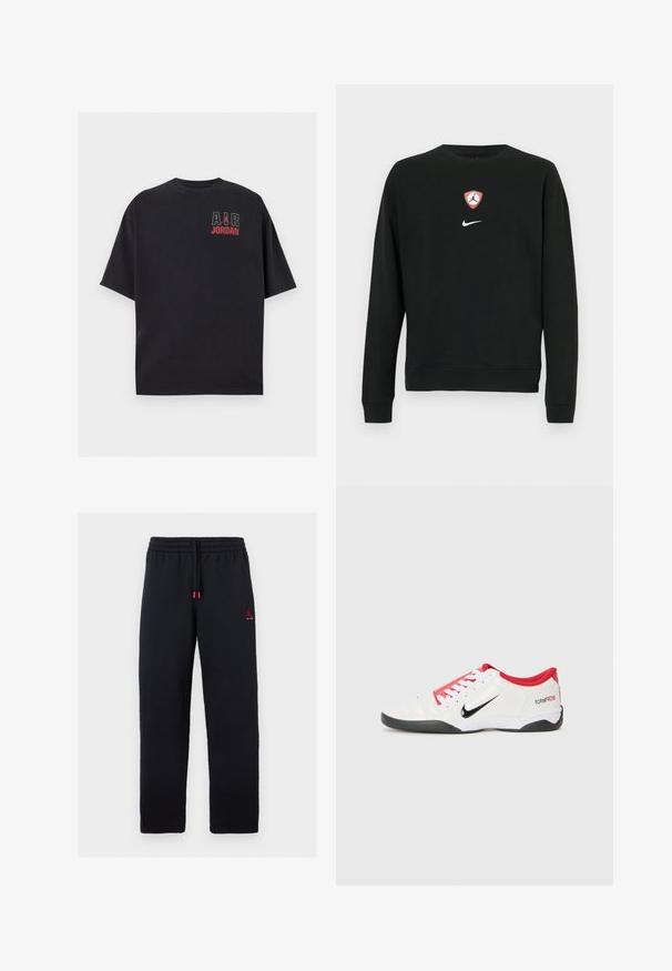 Sort sweatshirt i bomuldsblanding med et centralt rødt og hvidt Jordan-logo i form af et skjold og et hvidt Nike-logo nedenunder. Rund hals og lange ærmer.; Sort t-shirt med korte ærmer med "AIR" i hvid, rødt Jumpman-logo og "JORDAN" tekst i rødt på øverste venstre del af brystet.; Sorte joggingbukser med elastisk talje og snøre, lille rødt Jumpman-logo med teksten "AIR" på venstre lår.; Hvide atletiske sko med røde accenter, sort Swoosh-logo og struktureret design. Har hvide snørebånd og en sort ydersål. Teksten læser "total90."