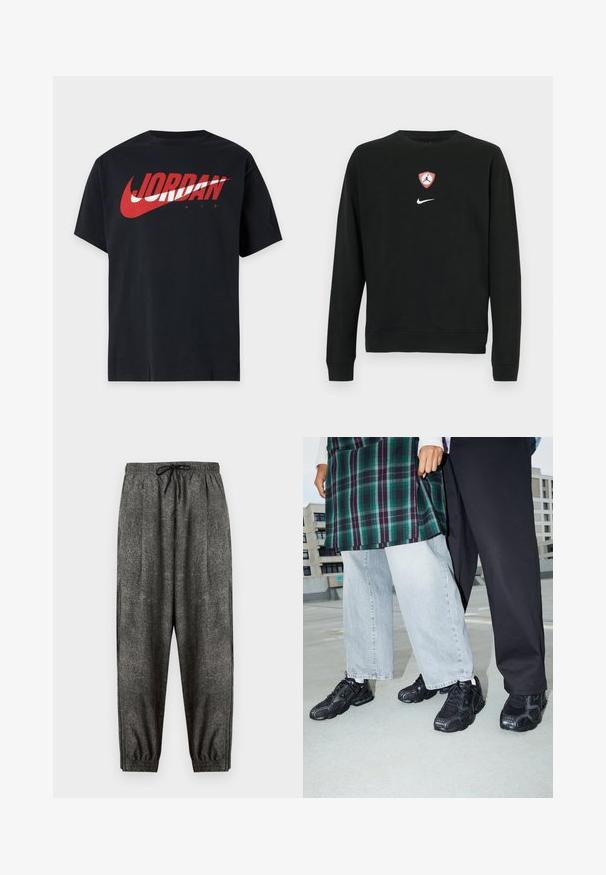 Sort sweatshirt i bomuldsblanding med et centralt rødt og hvidt Jordan-logo i form af et skjold og et hvidt Nike-logo nedenunder. Rund hals og lange ærmer.; Sort T-shirt med korte ærmer med stort rødt og hvidt Jordan Air-logo over brystet.; Mørkegrå teksturerede joggingbukser med elastisk taljebånd og sort snøre, elastiske manchetter og løs pasform.; Sorte atletik sko med mesh- og gummidetaljer. Båret med lysegrå vide jeans og en ternet grøn bluse. Flad overflade i baggrunden.