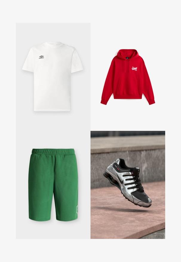 Sudadera roja con capucha, bolsillo tipo canguro y pequeño texto gráfico blanco en el pecho izquierdo de Vans, colocada plana sobre un fondo blanco.; Camiseta blanca de manga corta con el logo negro de Umbro en el lado izquierdo del pecho, cuello redondo, diseño liso, presentada sobre un fondo claro.; Pantalones cortos verdes informales con cintura elástica y pequeño logo blanco cerca de la parte inferior de la pierna izquierda sobre un fondo liso.; Zapatilla Nike Shox plateada y negra suspendida en el aire sobre una superficie de hormigón, destacando su diseño de suela tipo muelle.