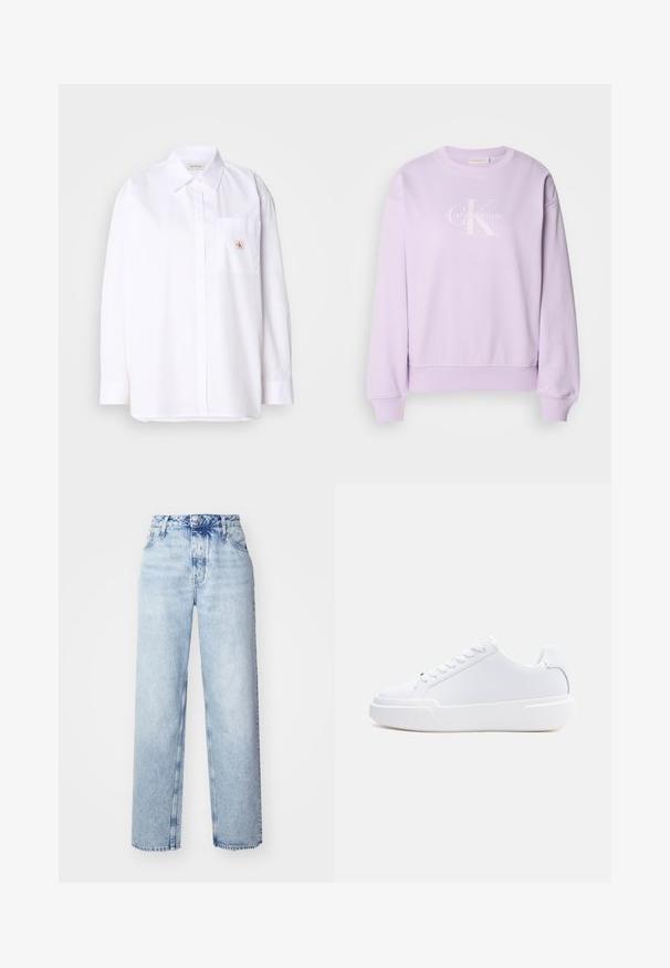 Fialová mikina vyrobená z mäkkého materiálu. Má okrúhly výstrih, dlhé rukávy, rebrované manžety a biele logo Calvin Klein na prednej strane.; Biela bavlnená košeľa na gombíky s dlhými rukávmi, s náprsné vreckom a malou nášivkou CK na vrecku. Hladká textúra a prispôsobený strih.; Svetlomodré vysooko nasadené džínsy s voľným strihom, priamymi nohavicami, piatimi vreckami a klasickým zapínaním na gombík a zips.; Biely nízky topánok s viazaním na šnúrky, hrubou podrážkou a hladkým zvrškom, zobrazený z vonkajšej strany na jednoduchom svetlom pozadí.