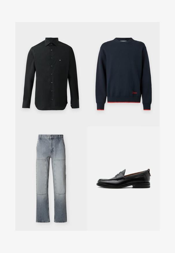 Marineblauwe lange mouwen trui met ronde hals, rode bies aan de manchetten en zoom, en een kleine rode borduring bovenaan de voorkant aan de rechterzijde.; Zwarte longsleeve shirt van gladde stof, met een puntige kraag, knoopsluiting en een klein wit logo op de linkerkant van de borst.; Grijze denim broek met hoge taille, grote rechthoekige kniestukken en een wijde pijp, met steekzakken aan de voorkant en een knoopsluiting.; Zwarte leren herensloffen met moc toe stiksel, pennyriem, gestructureerde kraag en lage gestapelde hak op witte achtergrond.