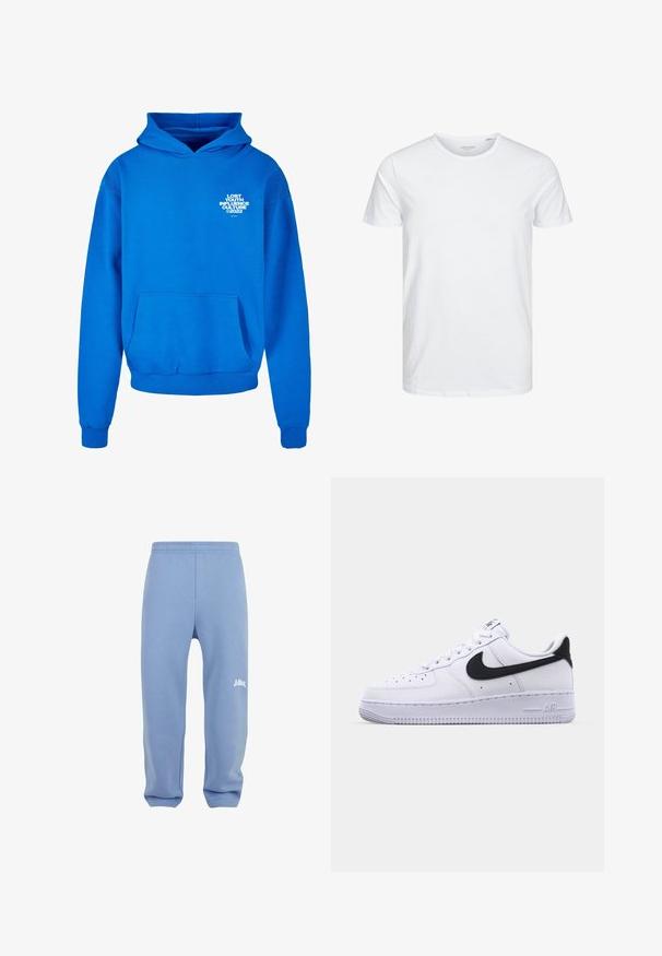 Blå hoodie lavet af bomuldsblanding, med en kænguru-lomme, ribbede manchetter og et grafisk teksttryk på venstre bryst.; Rundhals kortærmet t-shirt i ensfarvet hvid, lavet af blød bomuld, har et simpelt design uden synlige mønstre eller detaljer.; Lyseblå sweatpants med elastisk talje, tætsiddende ben og et hvidt logo på venstre lår. Lavet af blødt, struktureret stof.; Hvide lædersneakers med en struktureret sort Swoosh, flade snørebånd og en gummisål med et rillemønster. "AIR" er præget på hælen.