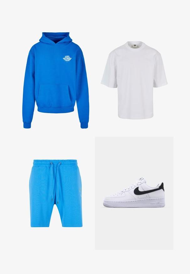 Sudadera azul hecha de una mezcla de algodón, con bolsillo canguro, puños acanalados y una impresión de texto gráfico en el lado izquierdo del pecho.; Camiseta blanca de manga corta hecha de algodón. Presenta un cuello redondo y un corte holgado con una textura suave y sin patrones ni gráficos visibles.; Pantalones cortos de algodón azul con una cinturilla elástica, cierre de cordón y un sutil detalle gráfico en el lado. Textura suave y corte holgado.; Zapatilla blanca de cuero con un Swoosh negro texturizado, cordones planos y una suela de goma con un patrón estriado. "AIR" está grabado en el talón.