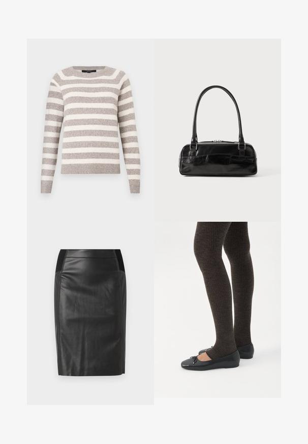 Beige og hvid stribet sweater lavet af blødt materiale. Rund halsudskæring, ribstrikkede ærmegab og kant. Lange ærmer med afslappet pasform.; Sorte læderblyantskirt med en tætsiddende design, glat tekstur og elastisk talje med detaljer på begge sider. Flad kant i bunden.; Ben iført mørke ribbede leggings kombineret med sorte balletsko med små sløjfedetaljer på hvid baggrund.; Sort læderhåndtaske med rektangulær form, der har et enkelt struktureret håndtag, sølvhardware og lynlås-lukning. Glat tekstur.