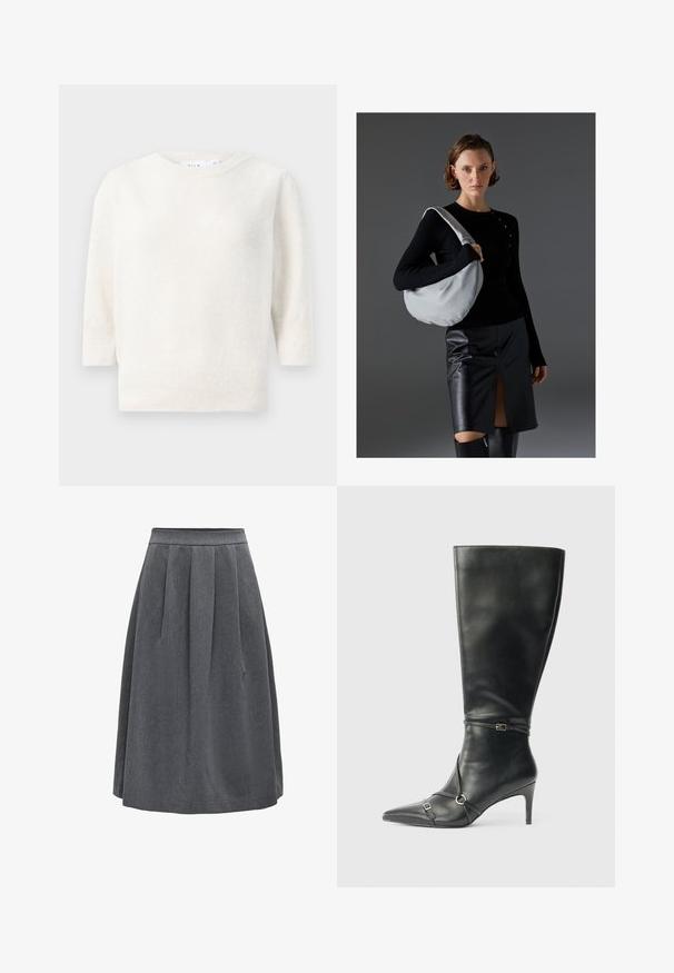 Pull en tricot blanc avec un col rond, des manches mi-longues et un ourlet côtelé. Texture douce, tissu léger et sans motifs visibles.; Jupe plissée gris foncé de longueur moyenne avec une taille ajustée, conçue pour un usage décontracté ou professionnel.; Bottes noires en cuir montant jusqu'au genou, avec un talon fin, un bout pointu et des détails de lanière à la cheville. Texture lisse et design ajusté.; Sac hobo de couleur gris clair, en matériau doux, de forme arrondie. Stylé avec un haut noir à manches longues et une jupe en cuir noir avec une fente à l'avant.