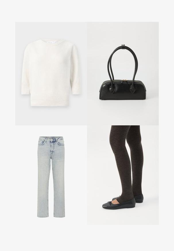 Valge kammitud sviiter ümmarguse kaelusega, keskpikkade varrukatega ja soonikkoes hemiga. Pehme tekstuur, kerge kangas ja nähtavad mustrid puuduvad.; My Essential Wardrobe WIDE 05 THE LOUIS 139 - Avar lõikega teksad - light blue dirty wash; Jalad seljas tumedad soonelises soonelises kombines mustade baleriinadega, millel on väikesed paelade detailid valgel taustal.; Must mustroheline nahast käekott kahe pikema käepidemega, lukuga ja ümar kuju; sile tekstuur kerge läikiva viimistlusega.