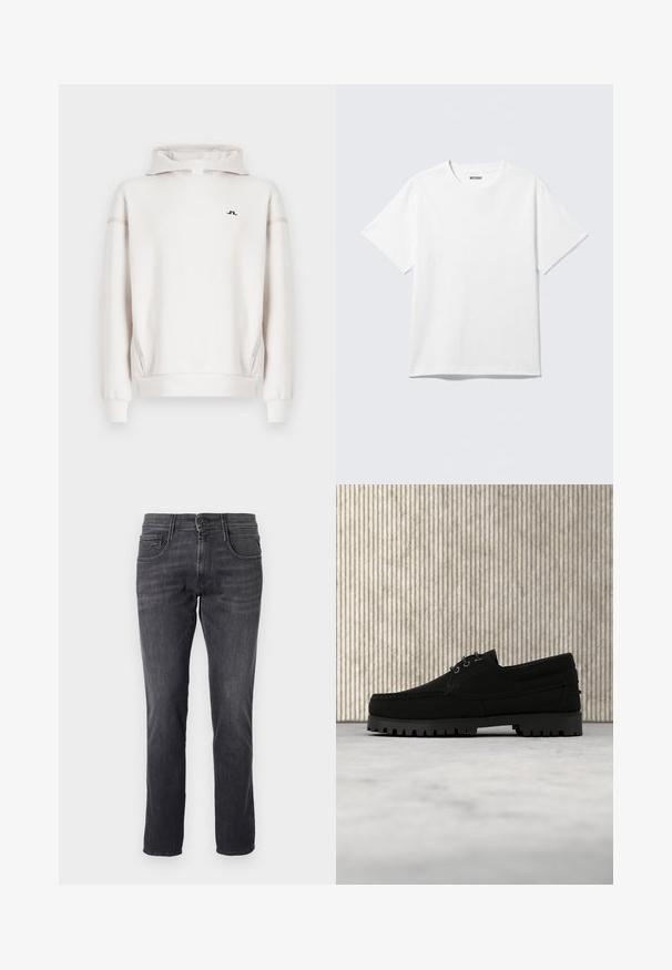 Hvid hættetrøje med halv lynlås, med et diskret logo og kontrastfarvede sidelommer. Fremstillet af glat, tekstureret stof.; Hvid kortærmet crewneck T-shirt lagt fladt ud, ensfarvet design, med "WEEKDAY" mærkat inde i kraven på en lys baggrund.; Mørkegrå jeans lavet af denim, med et klassisk fem-lomme design, lige pasform og metalknaplukning i taljen.; Sort snørestøvle med tyk rilled sål, der svæver over beige tæppe, brun moderne rundt bord i blødt oplyst rum i baggrunden.