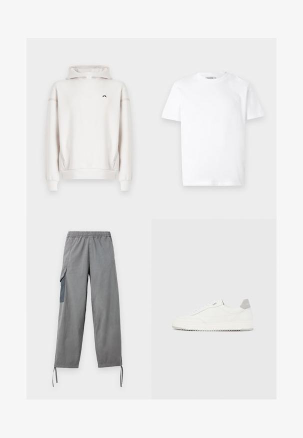 Hvid hættetrøje med halv lynlås, med et diskret logo og kontrastfarvede sidelommer. Fremstillet af glat, tekstureret stof.; Hvid bomulds T-shirt med rund hals og korte ærmer. Har et lille, præget logo på venstre bryst. Glat tekstur.; Grå letvægts cargo bukser med elastisk talje, sidelomme, justerbare bukseafslutninger og en glat tekstur.; Hvid lavtop-sneaker med gråt hælflig, hvide snørebånd og tekstureret sål, vist på en ensfarvet lys baggrund.