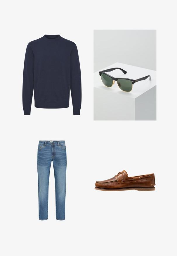 Dunkelblauer Pullover aus weichem Material mit rundem Ausschnitt, langen Ärmeln und gerippten Bündchen sowie Saum für eine enganliegende Passform.; Hellblaue Jeans aus Denim mit klassischem geradem Bein, ausgestattet mit fünf Taschen, Metallknopfverschluss und leichtem Verblassen des Stoffes.; Braune Lederbootsschuhe mit gesteppten Akzenten, metallischen Ösen, einer erhöhten Naht an der Zehe und einer flachen Gummisohle.; Ray-Ban Sonnenbrillen mit grünen Gläsern, schwarzen Kunststoffrahmen und goldenen Akzenten an den Rändern. Quadratische Form mit matter Oberfläche.