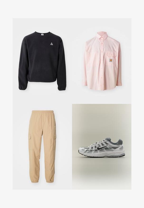 Sudadera negra de manga larga, con cuello redondo y puños elásticos. Presenta un pequeño logo triangular blanco en el lado izquierdo del pecho. Textura suave.; Camisa de botones rosa claro con dos bolsillos en el pecho y una etiqueta de logo. Hecha de algodón, con cuello clásico y mangas largas.; Pantalones cargo beige hechos de una tela ligera, con una cinturilla elástica, dos bolsillos laterales y puños elásticos en los tobillos.; Zapatilla Nike P-6000 blanca y gris con swoosh negro, paneles de malla y suela texturizada, mostrada de perfil sobre un fondo neutro.